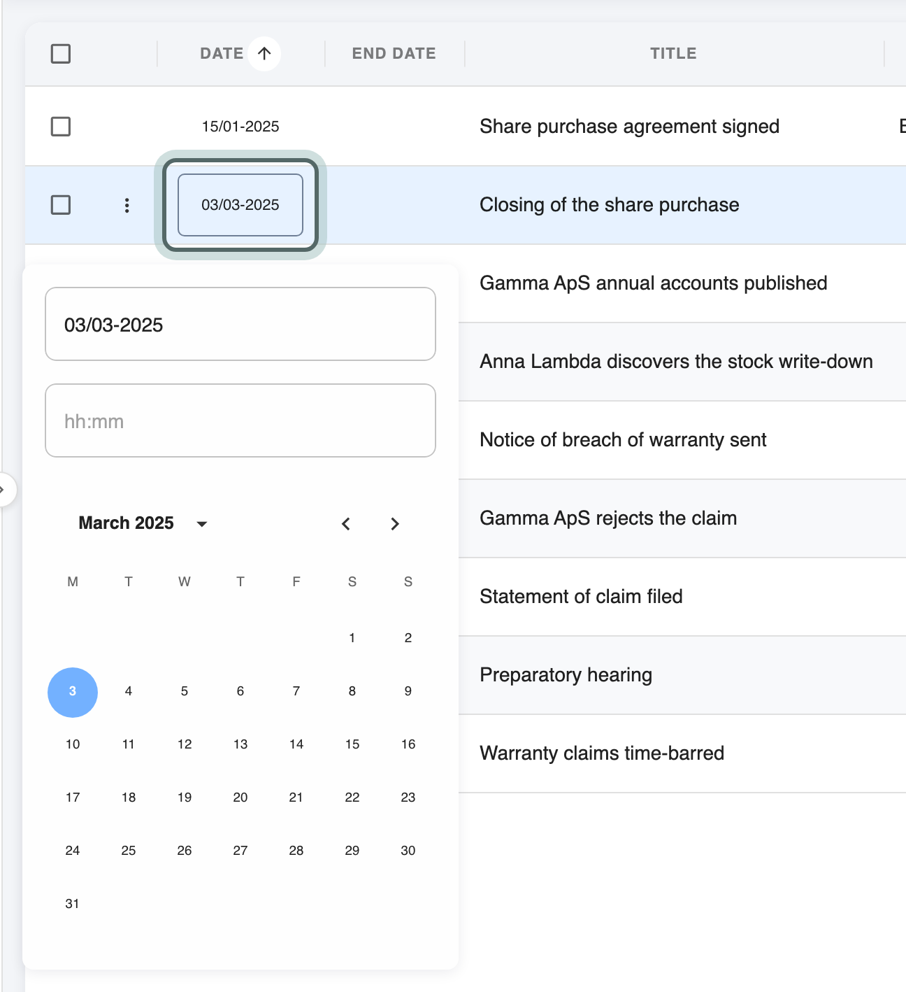 The timeline as a table, with the date of one event open for editing: a date field, a time field and a calendar.