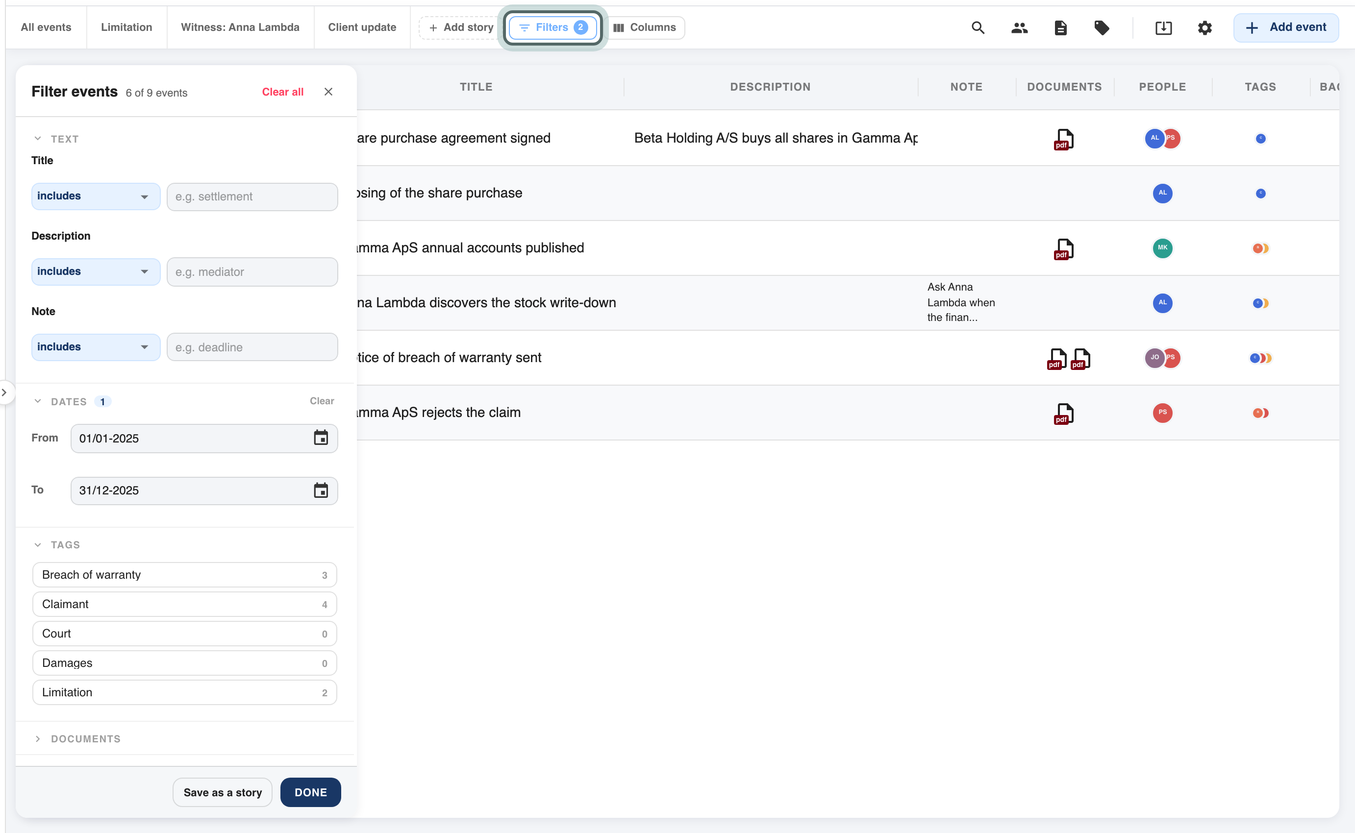 The Filter events panel open beside the table, with the period from 01/01-2025 to 31/12-2025 and the number of events left; the Filters button is highlighted.