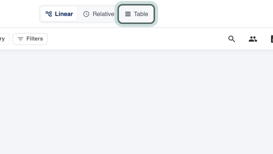 The view switcher at the top of the timeline, with Table highlighted.