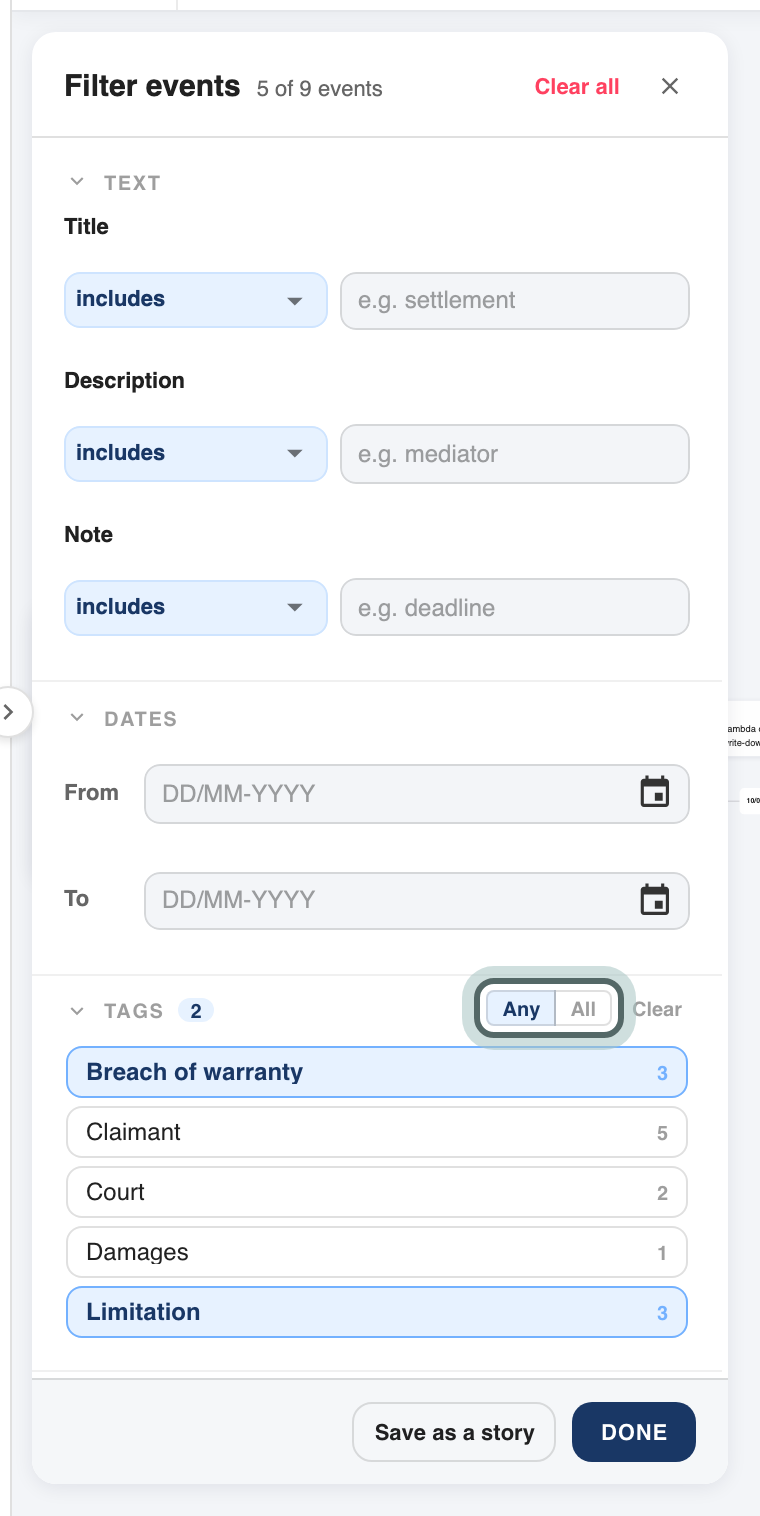 The Filter events panel with the tags Limitation and Breach of warranty picked, and Any / All, which shows events with any or all of them, highlighted.