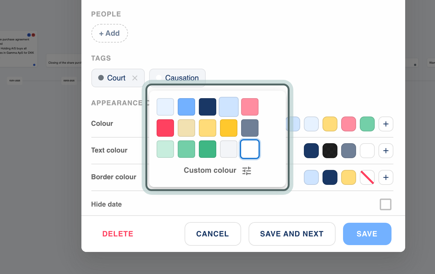 The Tags field of an event with a new tag, Causation, being added and the colour palette open to choose its colour.