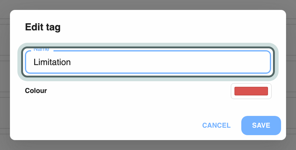 The Edit tag dialog with the tag's name, Limitation, and its colour.
