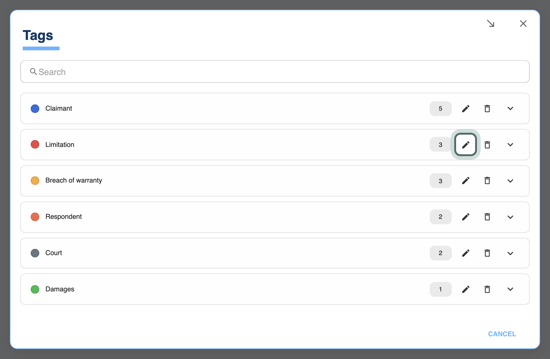 The Tags list: every tag on the timeline with its colour and the number of events, and the Edit and bin buttons; Edit on Limitation is highlighted.