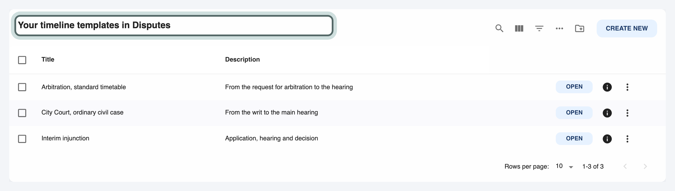 The group's timeline templates, headed Your timeline templates in Disputes: an arbitration timetable, an ordinary civil case and an interim injunction.