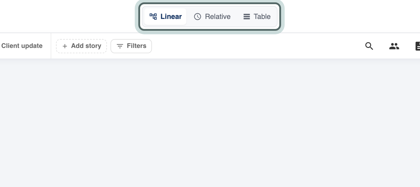 The view switcher at the top of the timeline, with Linear, Relative and Table, highlighted.