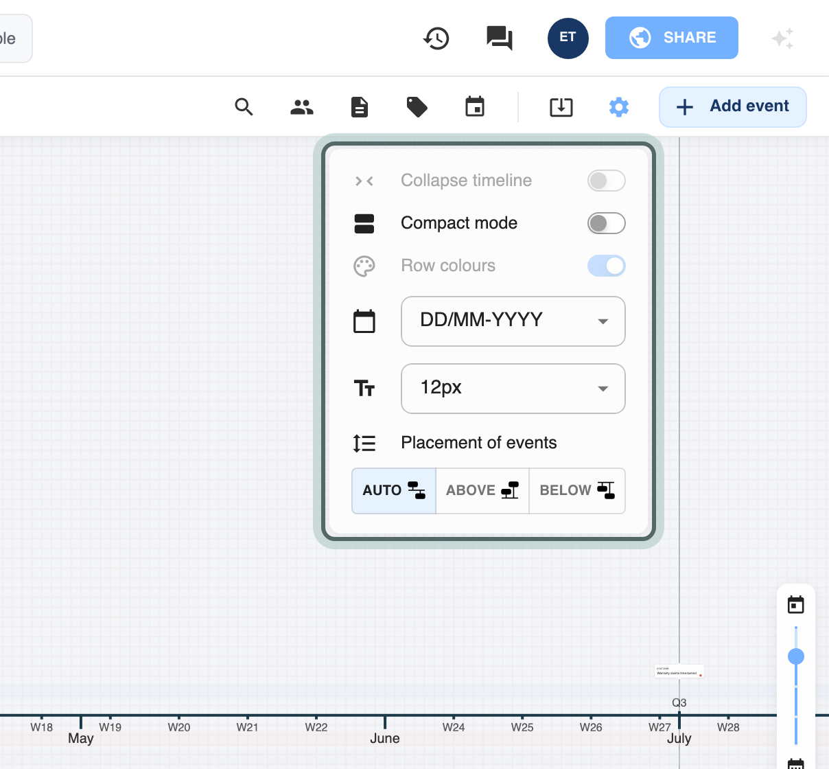The timeline's Settings menu in the Relative view: Collapse timeline, Compact mode, Row colours, date format, font size and Placement of events.