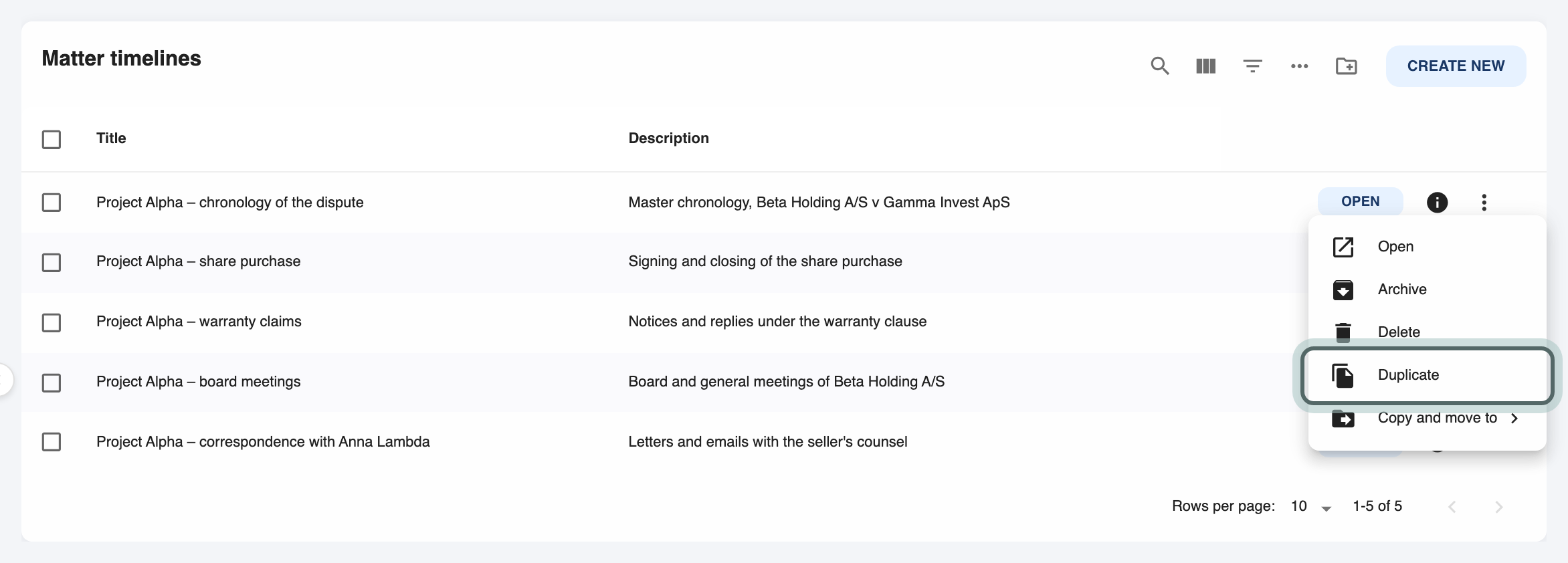A timeline's More menu open: Open, Archive, Delete, Duplicate and Copy and move, with Duplicate highlighted.