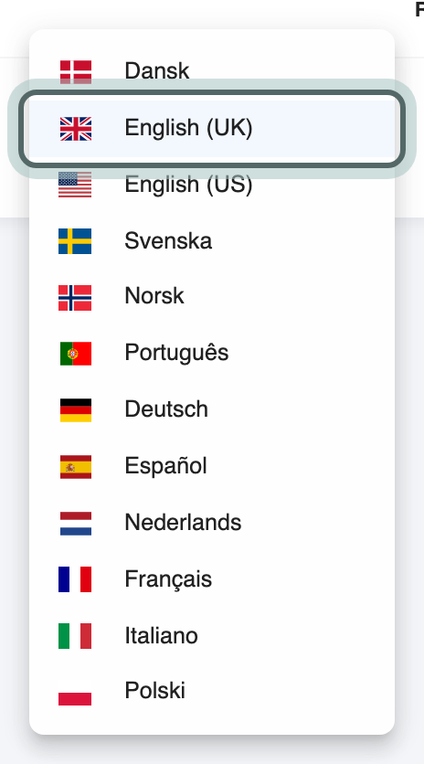 The language list, each language in its own name with its flag, with English (UK) highlighted.