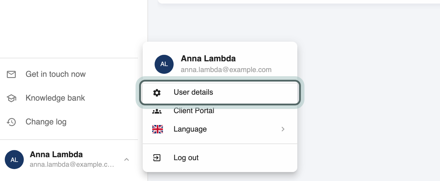 The account menu under your name and email: User details, Client Portal, Language and Log out, with User details highlighted.